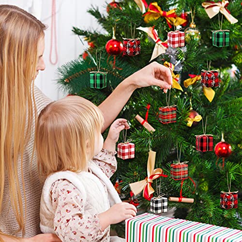 Chivao 24Pcs Mini Christmas Presents Ornaments Buffalo Plaid Multi-Color 1.57in