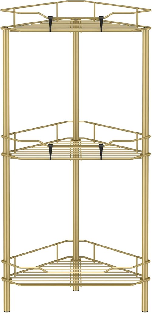 HuggieGems 3-Tier Corner Shower Caddy Organizer - Stylish Gold Bathroom Shelf with Hooks