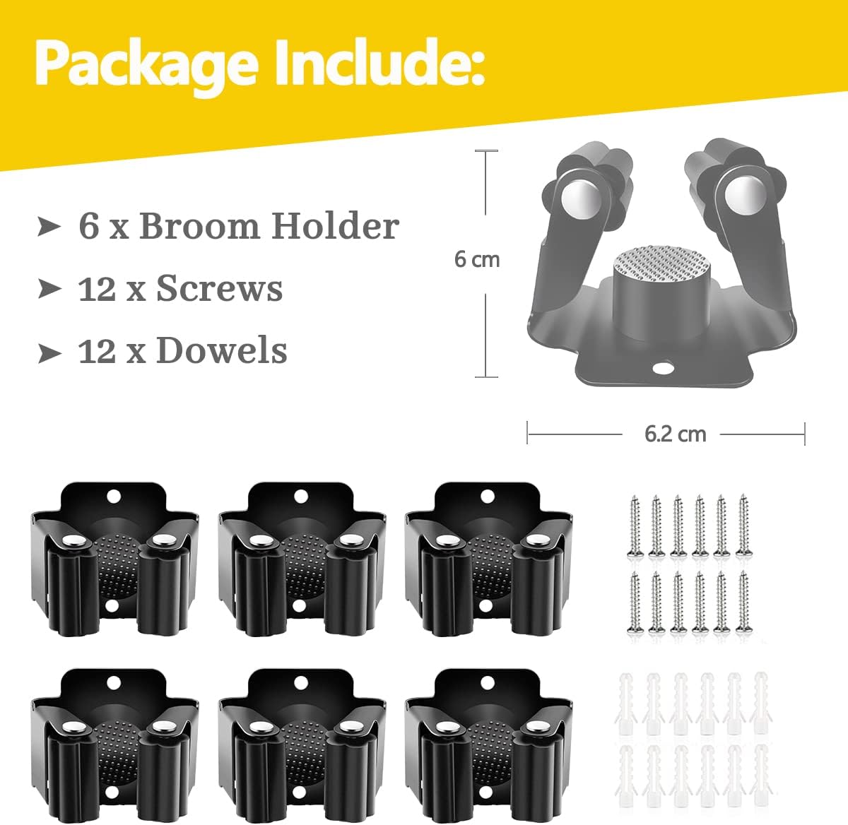 Verdenu Broom Holder - Stainless Steel Command Rack for Garden Tools | 6 Pack, Black