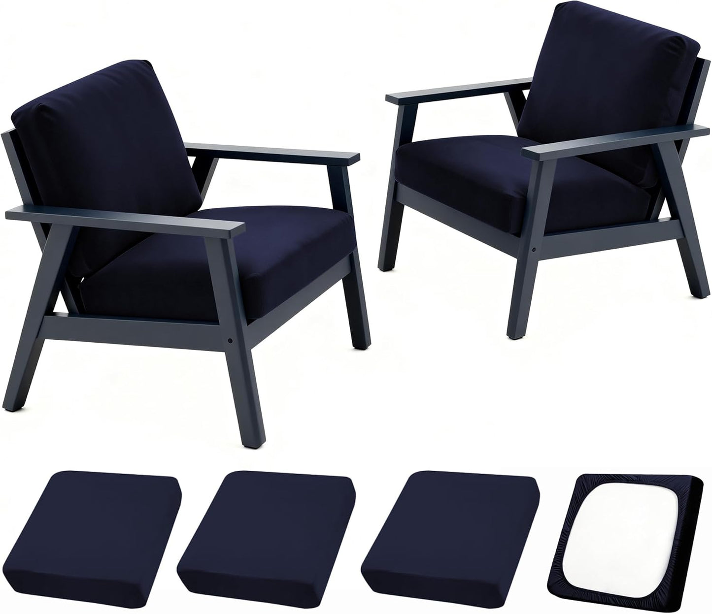 Skiennix Outdoor Cushion Covers - Stretch Elastic Slipcovers for Patio Furniture | Navy, 4-Piece Set