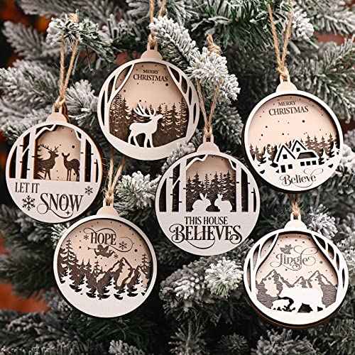 Jetec 6 Pcs Christmas Ornaments for Tree Wooden Christmas Hanging Decorations Rustic Hollow Woodland Reindeer Snowflake for Tree Winter Farmhouse Party Decor Home(Round Style)