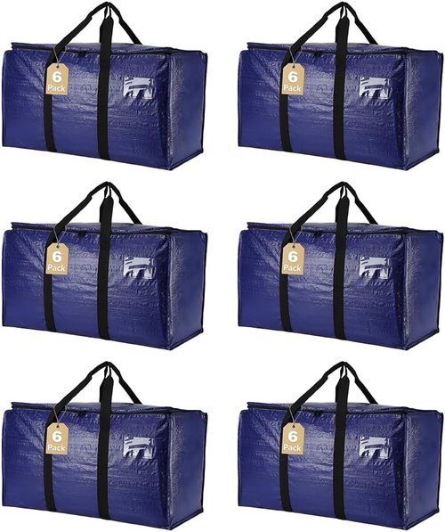 Cryster Heavy Duty Moving Bags - Extra Large Storage Totes with Zippers & Sturdy Handles | 6 Pack, Blue