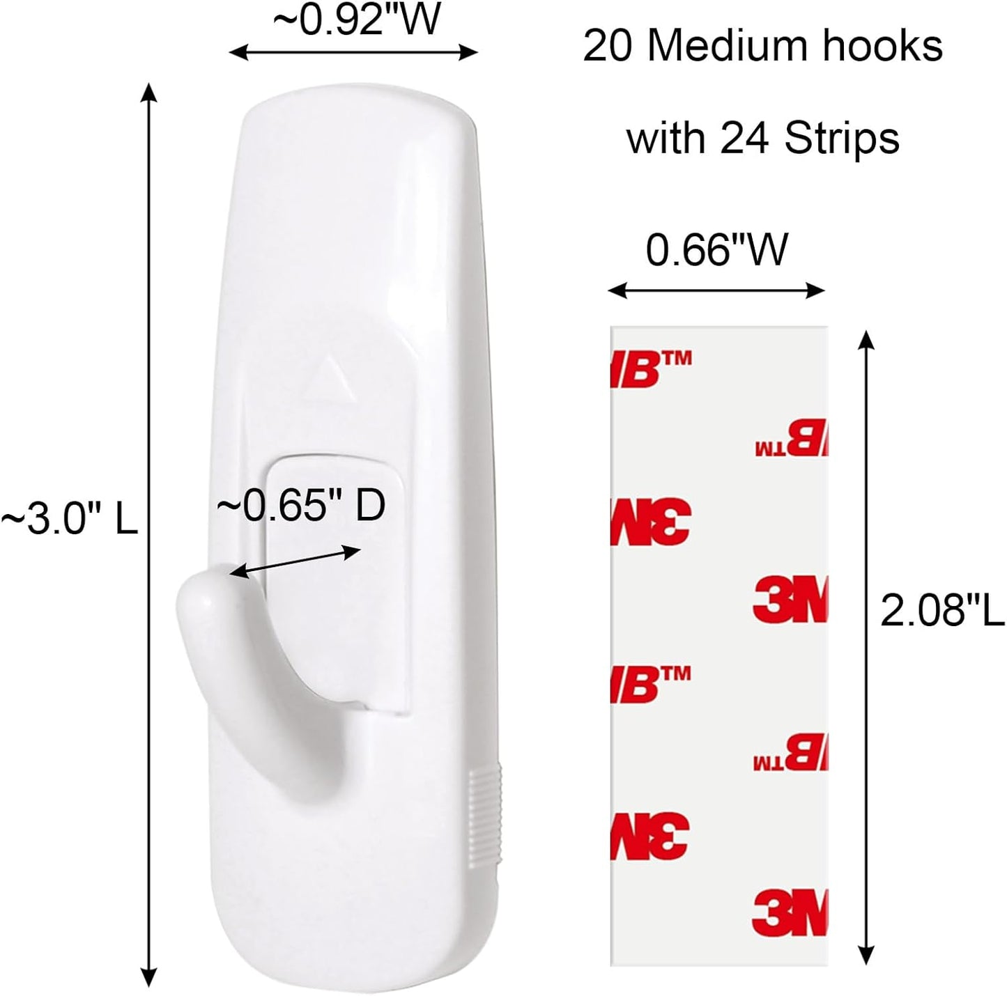 Skiennix Medium Adhesive Hooks - Heavy Duty No Damage Utility Strips | 20 Pack with 24 Strips for Bathroom, Coats, Keys