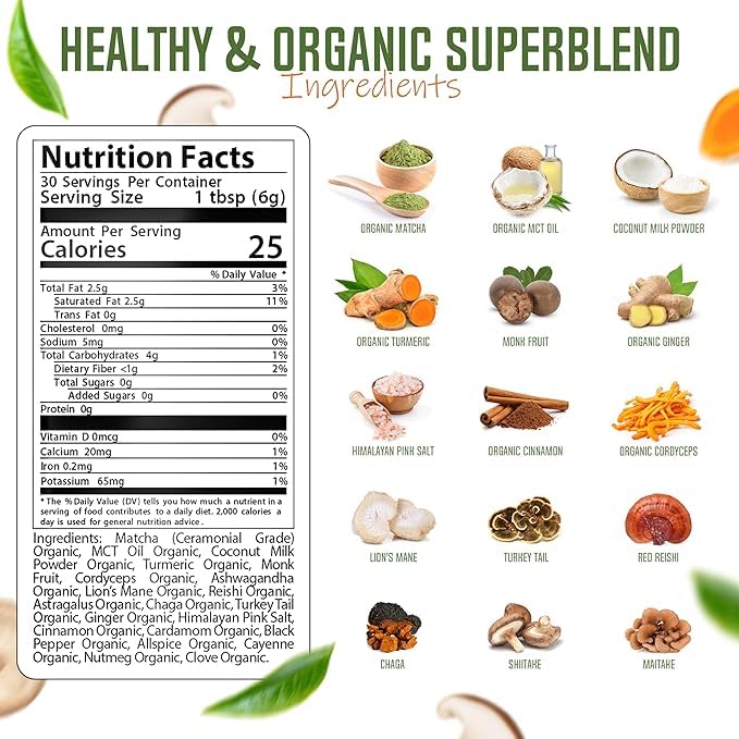 Matcha Mushroom Powder with Cordyceps & Lion's Mane - 30 Servings