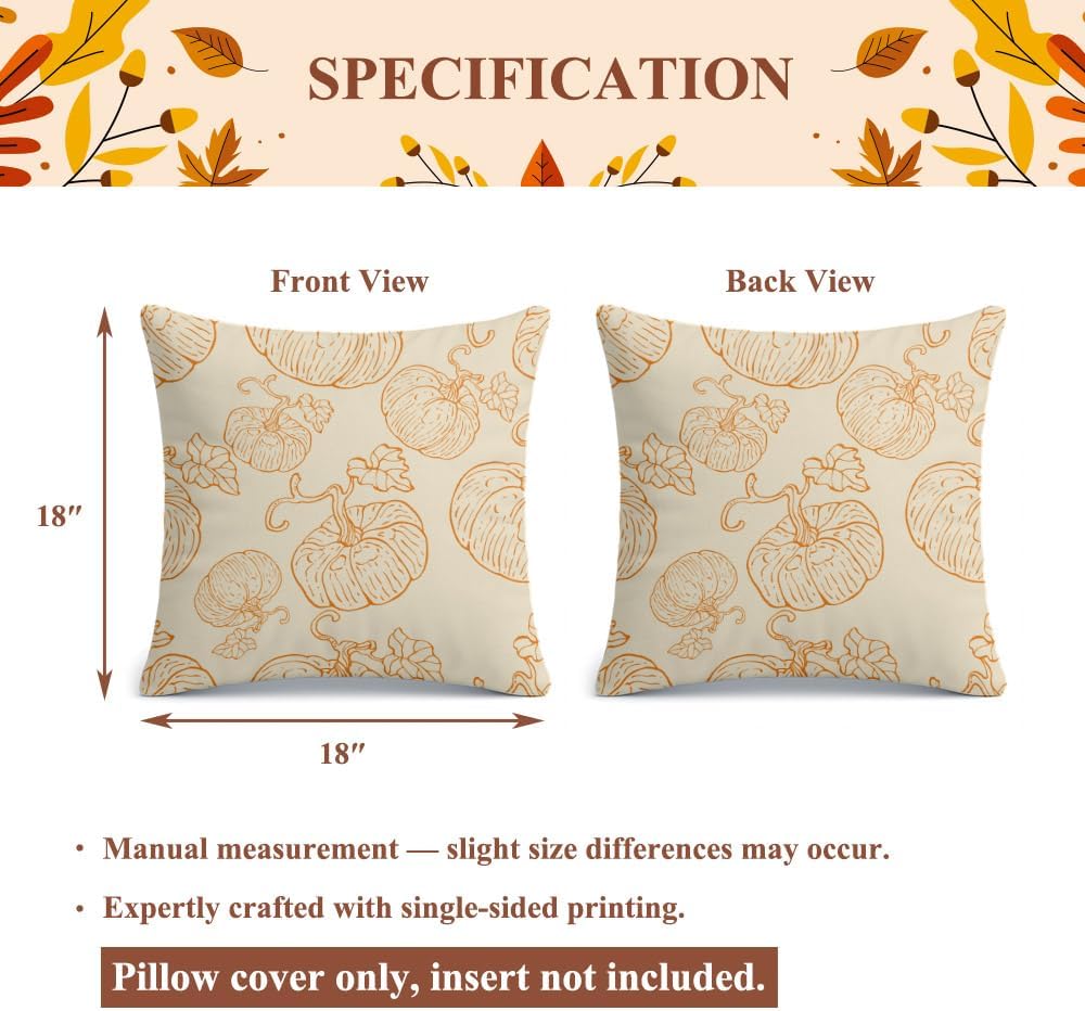 Regine Switzerland Fall Pumpkin Pillow Covers - 18x18 Burnt Orange Farmhouse Decor for Halloween & Thanksgiving