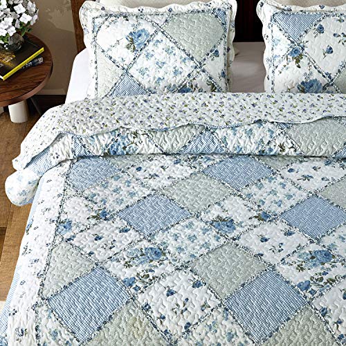 Oversized King Quilt Set Blue Floral Patchwork Alaska King Bedspread - VIVILINEN