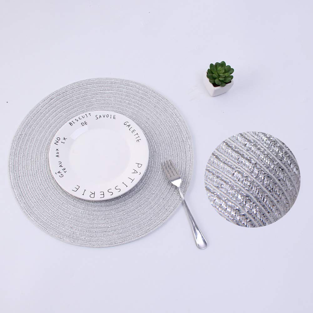 SHACOS Silver Glitter Round Placemats Set of 6 Sparkle Bling Place Mats Glitz Table Mats for Holiday Home Party Wedding Festive Table Decoration (6, Silver)