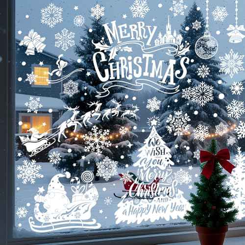 Amiya 216PCS Snowflake Christmas Window Clings White Xmas Window Stickers Santa Claus Reindeer Reusable Double Sided Holiday Window Decorations for Party Supplies