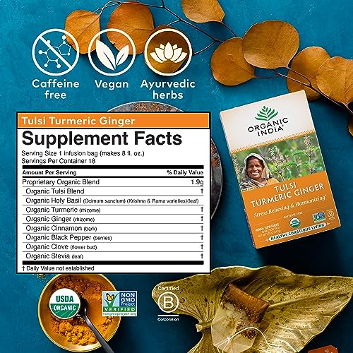 Organic India Tulsi Turmeric Ginger Herbal Tea 6 Pack (18 Bags Each) - Caffeine-Free Stress Relief