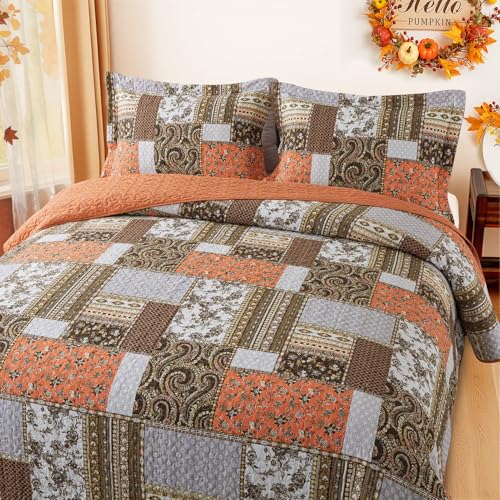 Dreamland Orange 100% Cotton King Quilt Set - Farmhouse Bedspread, 98x106 in