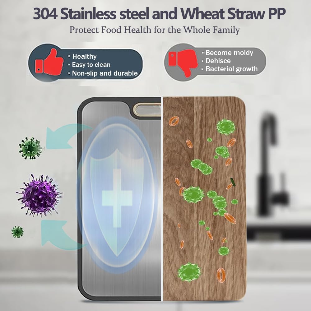 Stainless Steel Cutting Board - Double-Sided 304 Stainless & Wheat Straw | Non-Slip, Easy to Clean, Dishwasher Safe (16 x 11 In)