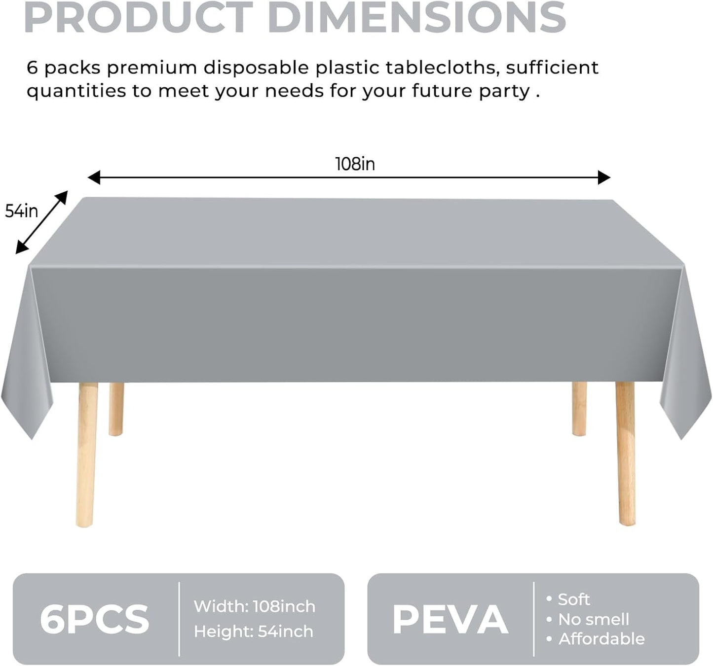 Premium Disposable Plastic Tablecloths by [Brand Name] - 6 Pack, 54" x 108" for Parties & Events | Silver Grey