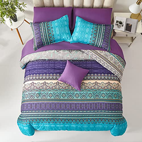 Cottolester Boho Comforter Set Queen Aqua 8-Piece Bed in a Bag - Floral & Stripe Bedding