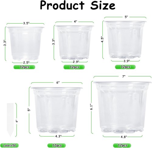 JNYONG Clear Nursery Pots - 60 Pack of 3.5 to 7 Inch Seed Starting Pots with Drainage Holes & Labels