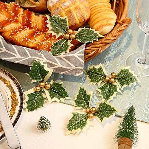 Artificial Holly Berry with Leaves (30 pcs) Christmas Wreath & Cake Topper Set, Gold Accents