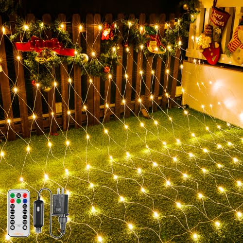 Ollny 210 LED Clear Wire Net Lights 10x7ft Outdoor Christmas Mesh Lights, 8 Modes
