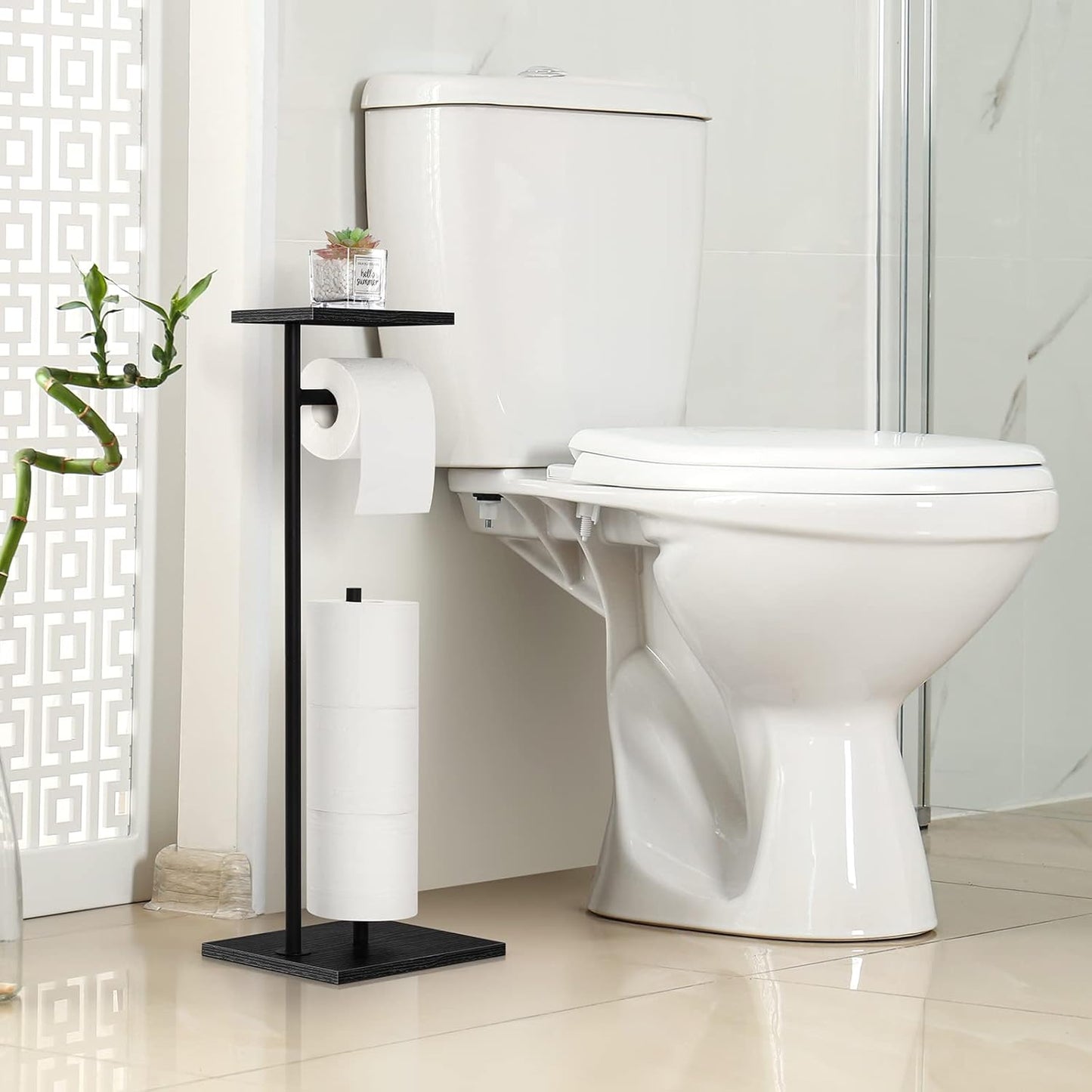 Skiennix Free Standing Toilet Paper Holder - Black Bathroom Tissue Dispenser with Storage Shelf