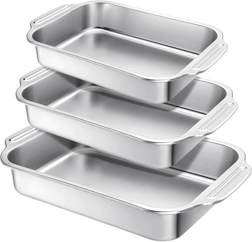 Funnymoom Stainless Steel Baking Pan Set - 3 Rectangular Sizes (12/14/15 Inch) for Cakes, Lasagna & More