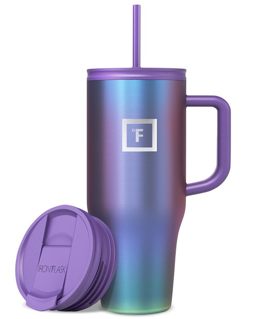 IRON °FLASK Co-Pilot Insulated Mug w/Straw & Flip Cap Lids - Cup Holder Bottle for Hot, Cold Drink - Leak-Proof - Water, Coffee Portable Travel Mug - Lavender, 32 Oz