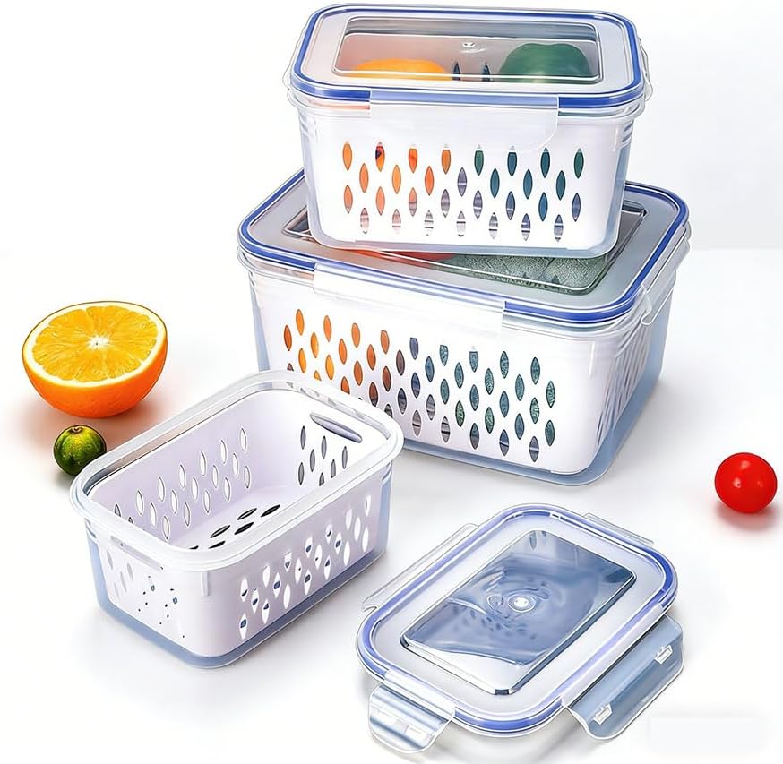 Skiennix 3 PCS Food Storage Containers - Stackable BPA-Free Fresh Keeper Boxes with Lids & Drain Basket