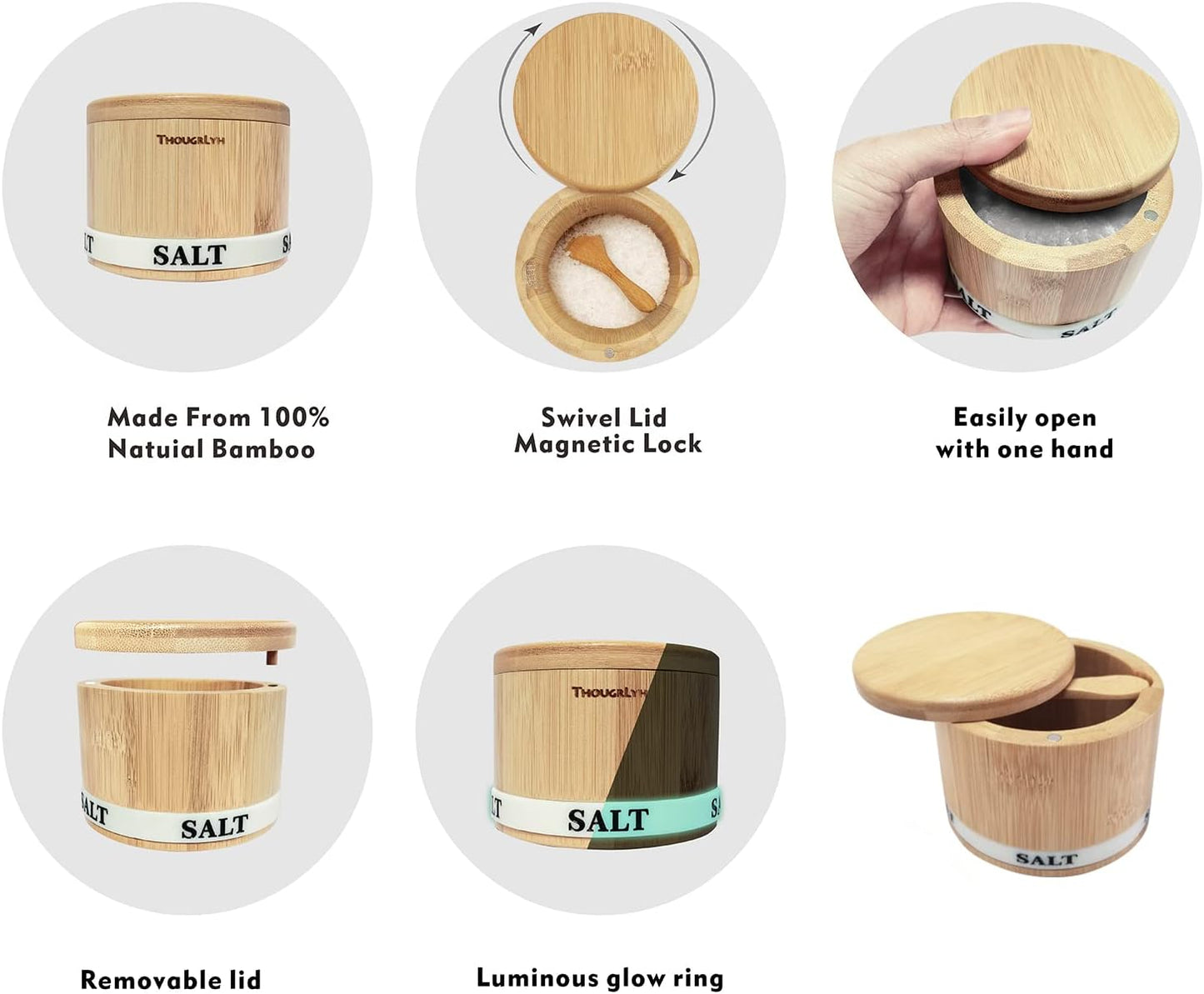 ThougrLyh Bamboo Salt Box - Magnetic Swivel Lid Salt Cellar with Spoon for Spices & Herbs
