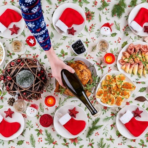 Tedercle Christmas Greenery Tablecloth – 54x108 Inch, 3 Pack, Disposable Holiday Plastic Cover with Holly & Pine Design