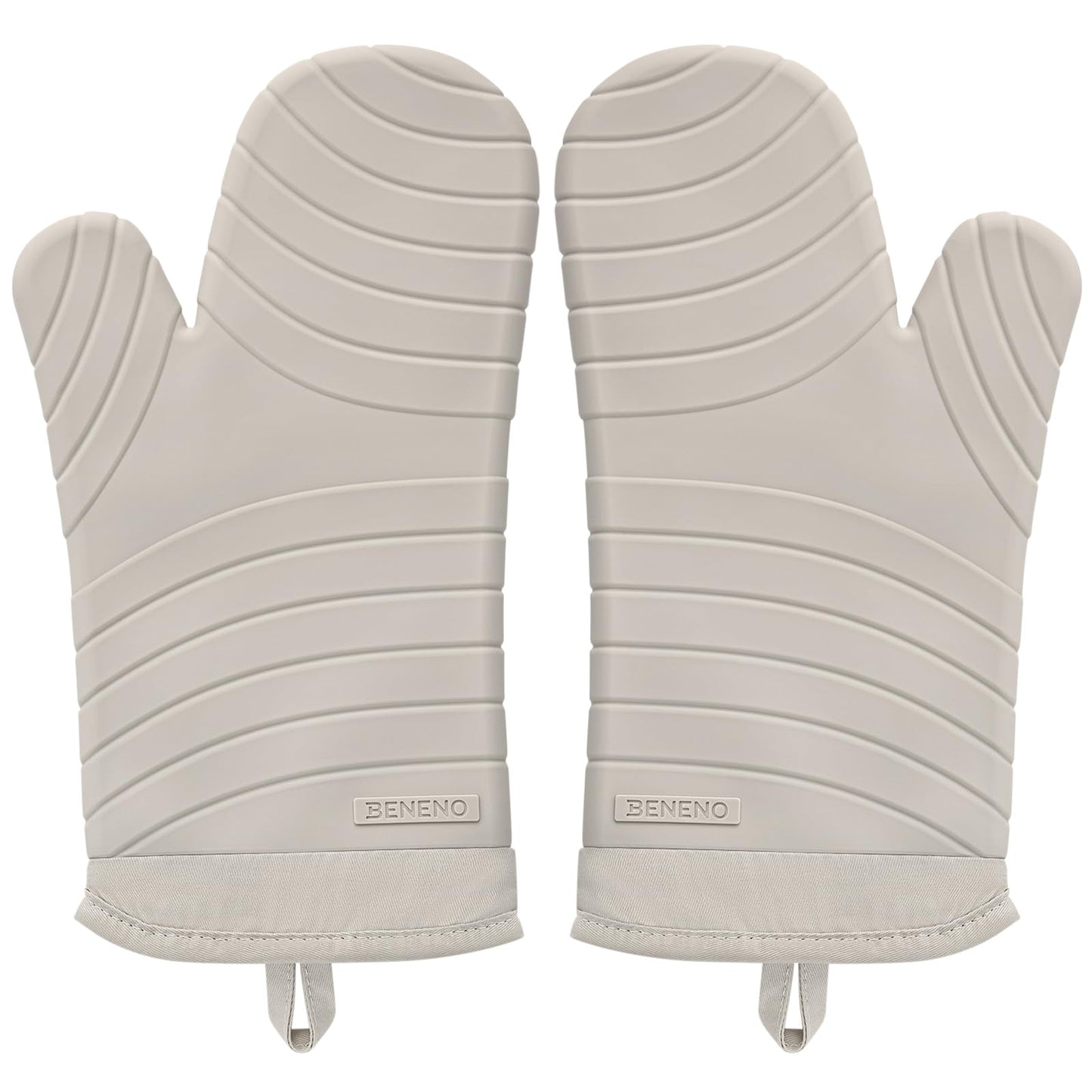 Beneno BPA-Free Silicone Oven Mitt 2-Pack Set, Heat Resistant 500°F Oven Mitts with Non-Slip Grip, Soft Thicker Lining, 7"x13", Beige