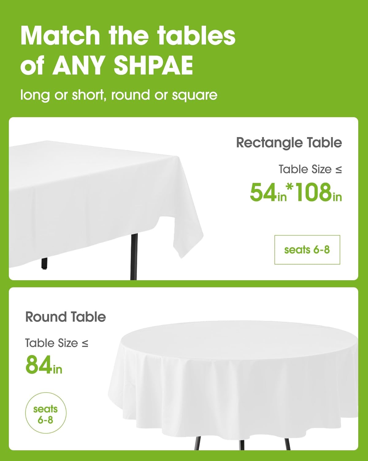 Pureegg Table Cloth Set - 10 Waterproof Disposable Tablecloths (54"x108") & 2 Decorative Cheesecloth Runners (35"x120") | Perfect for Parties, Picnics & Weddings in White & Sage