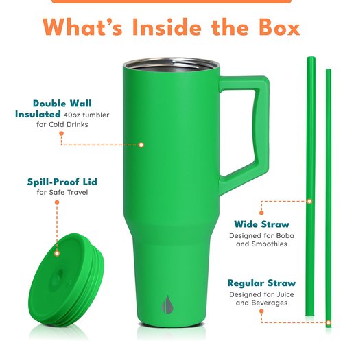 Elemental 40 oz Tumbler with Handle and Straw - Spill Proof Insulated Stainless Steel Commuter for Cold Beverages - Travel Coffee Mug with 2 Straws & Spill Proof Lid - 40oz - Green