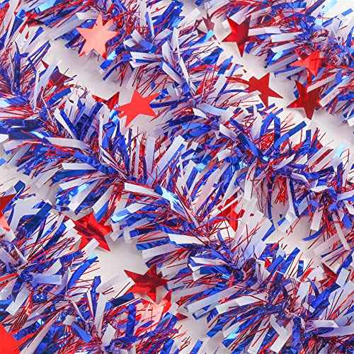 CCINEE 33FT 4th of July Tinsel Garland,Patriotic Metallic Star Garland for Independence Memorial Day Tree Banister Fireplace Home Party Decoration