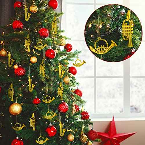 6 Pieces Musical Instruments Ornaments Christmas Decoration Gold Saxophone Horn Trumpet with Gold Ropes Brass for Christmas Tree Decor