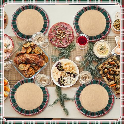 HunnmingRe 6-Pack Round Christmas Plaid Placemats – Red & Green, 15.75in