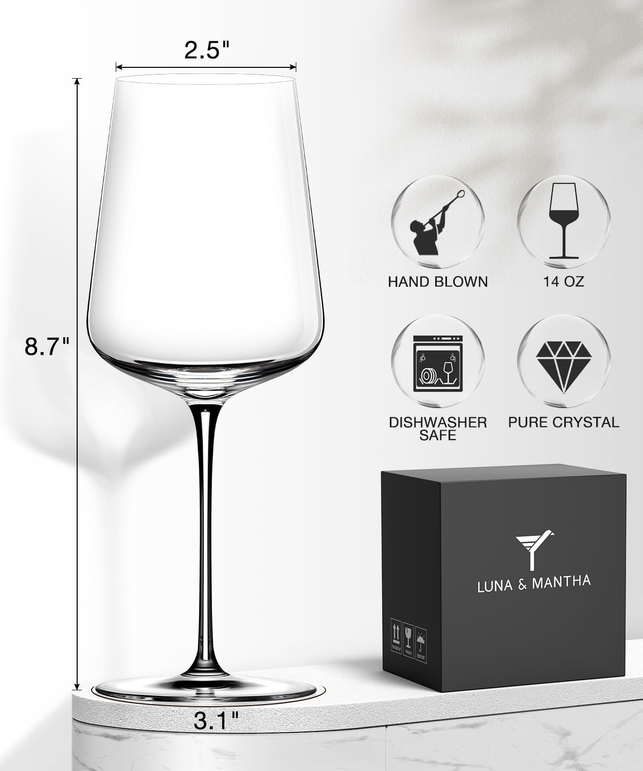 LUNA & MANTHA Red Wine Glasses Set of 6, 15 oz Exquisite Hand Blown Crystal Wine Glasses
