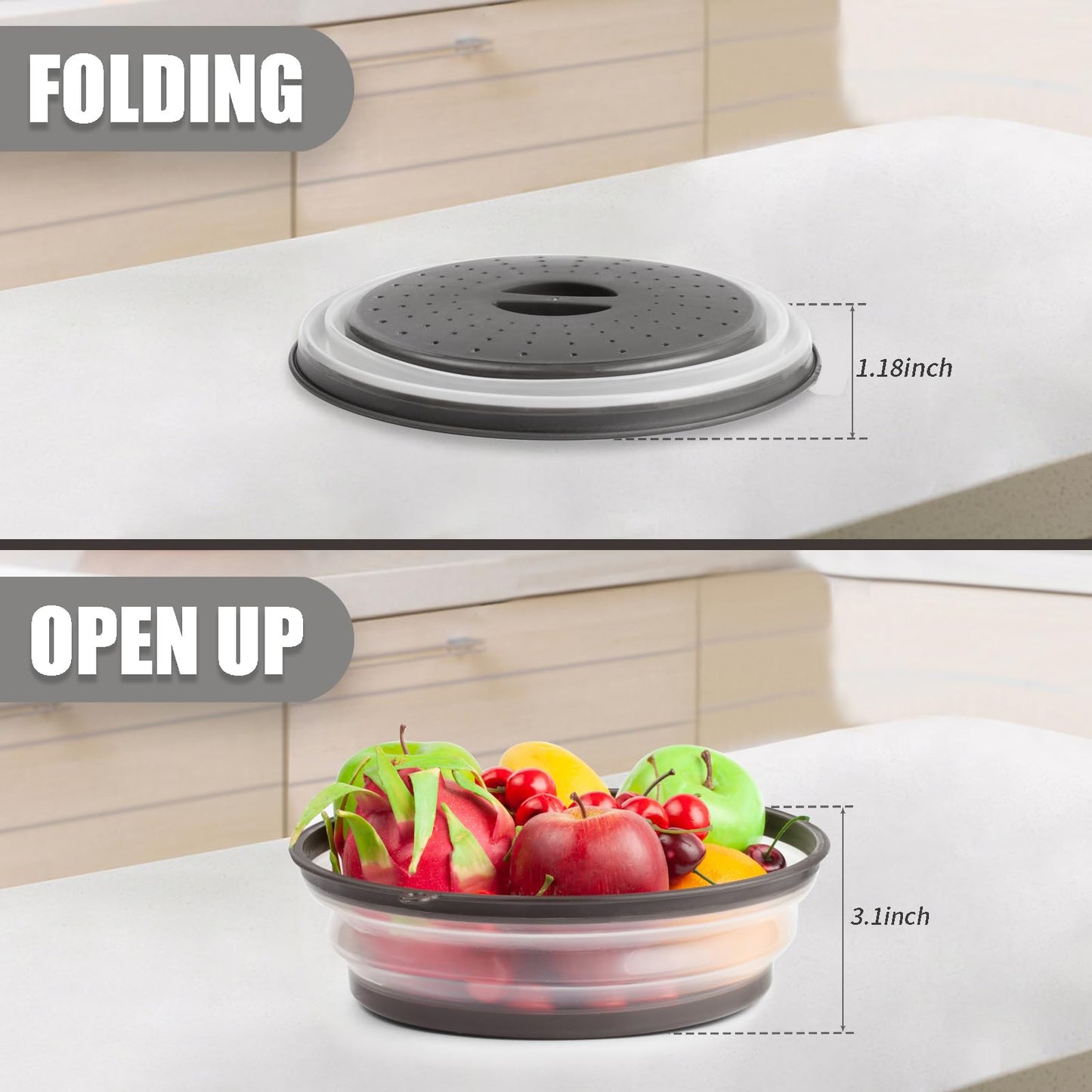 MAGJIUKE Microwave Splatter Cover & Silicone Mat – Collapsible, Vented, Reusable Food Guard and Plate Cover with Heat-Resistant Trivet for Pots, Pans, and Kitchen Counter, Black
