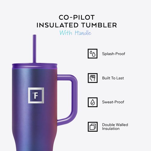 IRON °FLASK Co-Pilot Insulated Mug w/Straw & Flip Cap Lids - Cup Holder Bottle for Hot, Cold Drink - Leak-Proof - Water, Coffee Portable Travel Mug - Midnight Black, 40 Oz