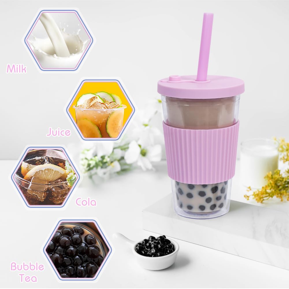 UHAPEER 2 Pack Reusable Boba Cups, 17oz Iced Coffee With Straw and Lid, Leakproof Clear Plastic Tumbler, Double Wall Insulated Smoothie Cup, Pastel Violet and Cornflower Blue
