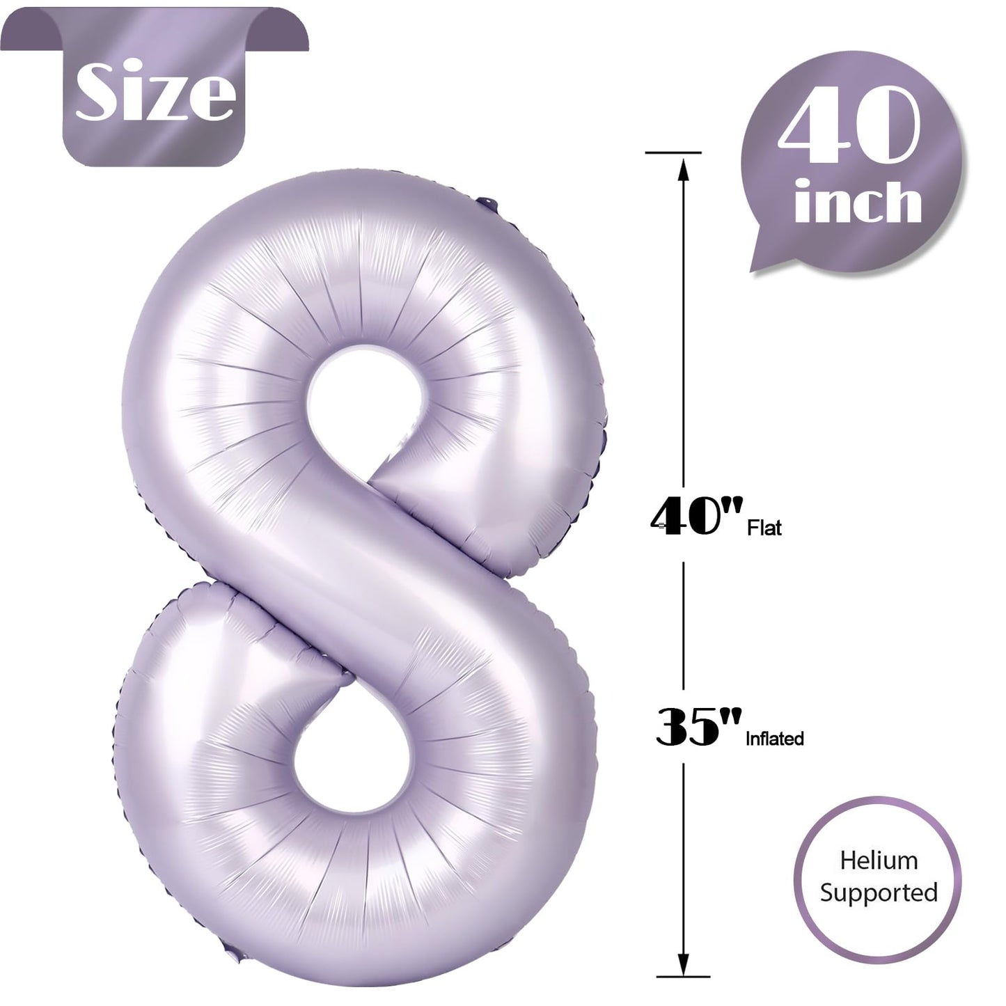 Lilac Number 8 Balloon 40 Inch, 8th Birthday Party Decorations for Children, Giant 8 Foil Balloon for Party Supplies
