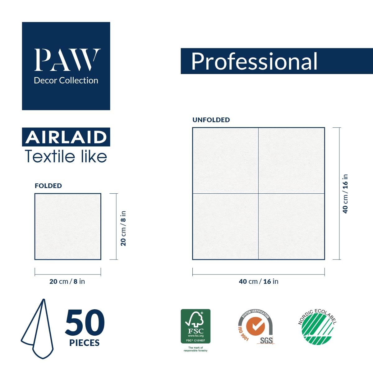 PAW - 50 Pieces Airlaid Paper Linen-Feel Napkins 16" x 16", Disposable Cloth-Like Napkins with Eucalyptus Design, Dinner Napkins for Kitchen, Party, Wedding, Barbecue, Picnic