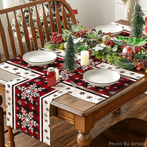 Artoid Mode Set of 12 Red Buffalo Plaid Snowflake Placemats 12x18 Inch Christmas Table Decor