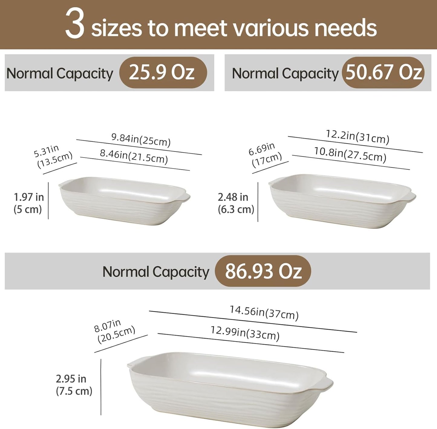 Regine Switzerland Baking Dish Set - Ceramic Casserole Dishes for Oven | 3 Rectangular Sizes in Arctic White