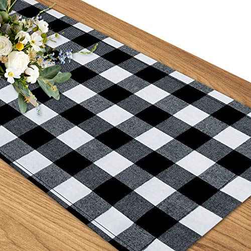 Senneny Buffalo Check Table Runner Cotton Black and White Plaid Classic Stylish Design for Family Dinner Christmas Holiday Birthday Party Table Home Decoration (Black and White, 14 x 36 Inch)
