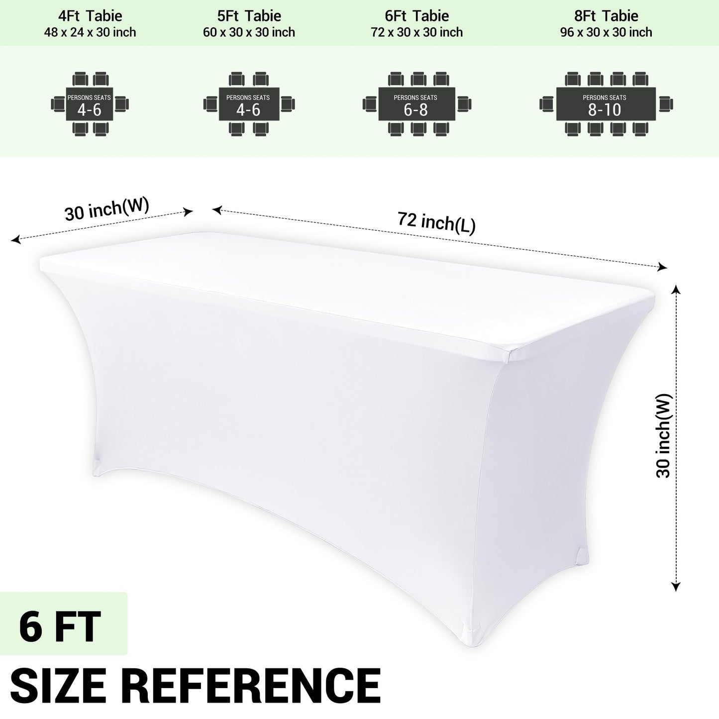 Obstal 6ft Stretch Spandex Table Cover - 2 Pack Universal Rectangular Fitted Tablecloth Protector for Wedding, Banquet and Party, White