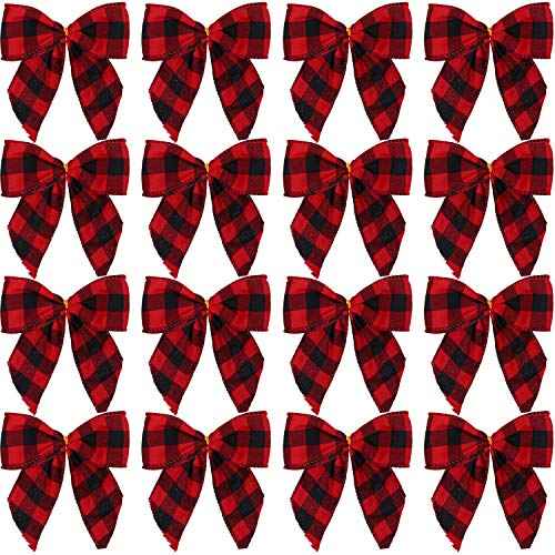 Aneco 16 Pieces Small Christmas Bows 5 x 4 Inches Red and Black Buffalo Plaid Bows Xmas Hanging Ribbon Bows for Christmas Tree Home Decor