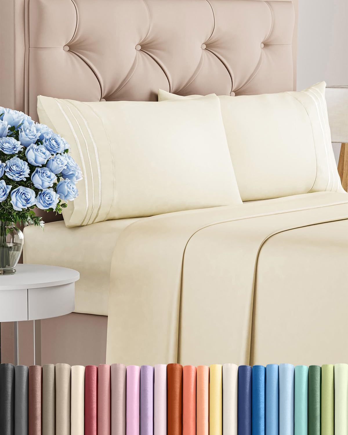 King Size 4-Piece Sheet Set | Regine Switzerland Comfy Cooling Sheets - Deep Pockets, Wrinkle-Free, Off White