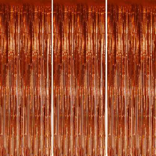3 Pack Foil Fringe Backdrop - Bronze Shiny Tinsel Curtains for Party Decoration/Photo Booth Props - 3.3x8.2 FT Metallic Foil Backdrop for Birthday, Wedding, Graduation, Christmas.