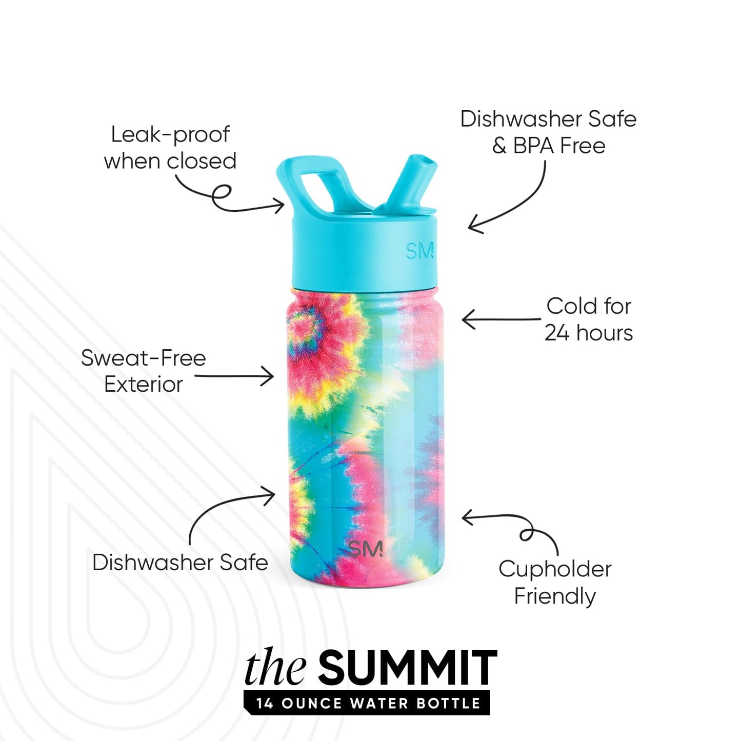 Simple Modern Kids Summit Water Bottle with Straw Lid | 14oz Stainless Steel Cup Insulated Tumbler Tumbler for Toddlers, School | Tie-Dye