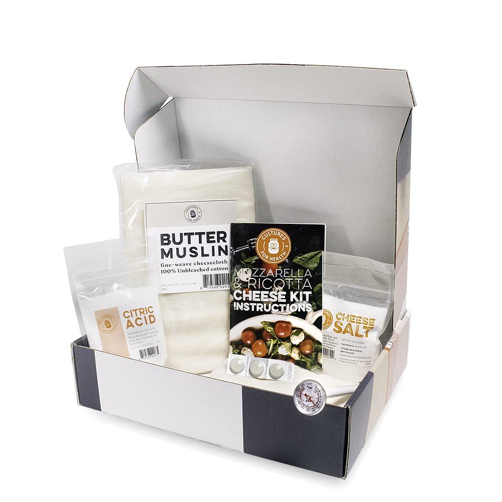 Mozzarella & Ricotta Cheese Making Kit | 5 Piece DIY Kit Includes Cheesecloth, Vegetable Rennet, Citric Acid, Cheese Salt, & Cooking Thermometer | Great Gift Ideas | Italian Cheese Making Supplies
