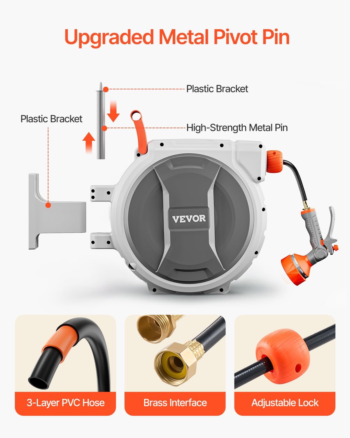 VEVOR Retractable Garden Hose Reel - 1/2 Inch x 84 ft Heavy Duty Wall Mounted with 9-Pattern Nozzle & 180° Swivel Bracket