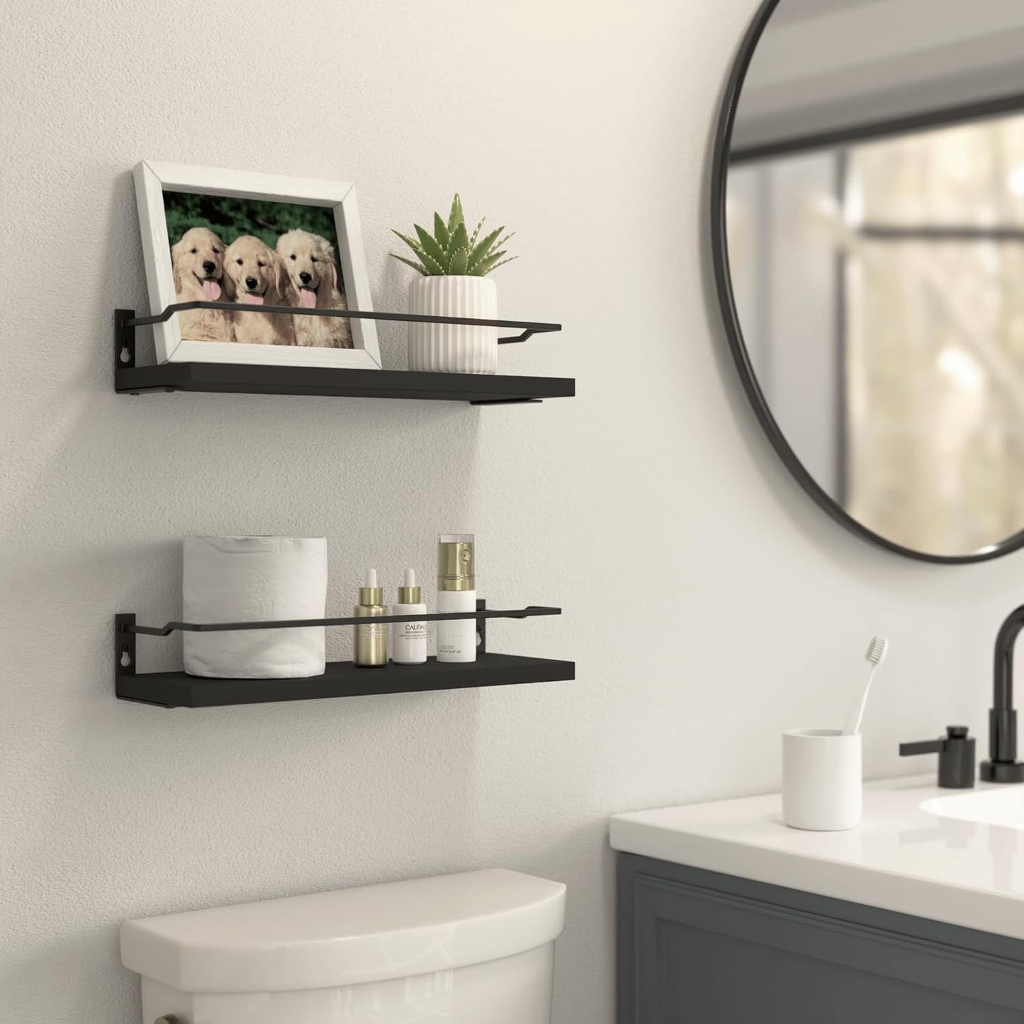 RICHER HOUSE Black Floating Bathroom Shelves - Over Toilet Storage Organizer with 2 Shelves