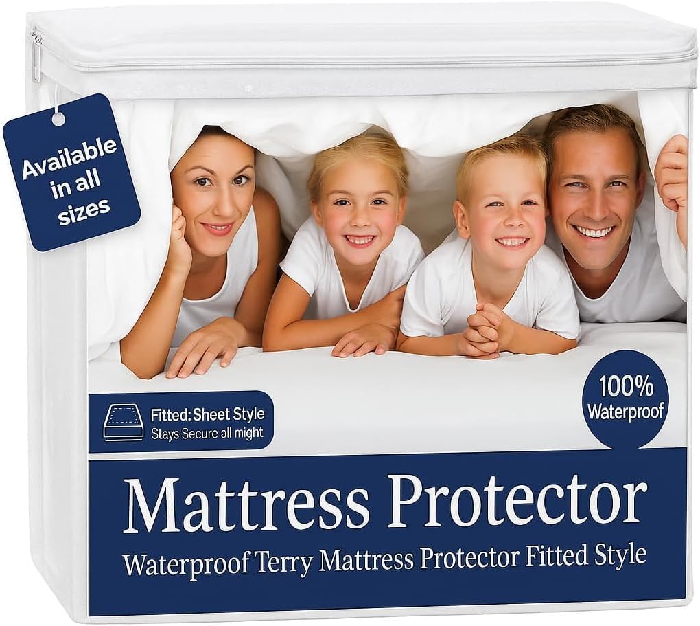 Skiennix 100% Waterproof Twin XL Mattress Protector - Premium Fitted Cotton Terry Cover, Machine Washable White